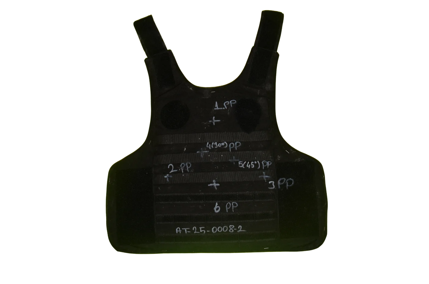 Back panel marked with six numbered impact points and their firing angles before testing.